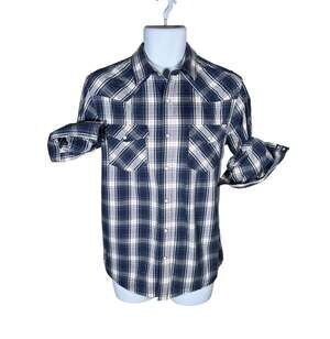 Double Pump Men's Western Long Sleeve Plaid Pearl Snap Button Down Shirt